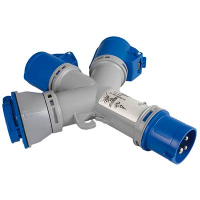 Adaptador clavija cetac 2P+T a 2 bases cetac 2P+T + 1 schuko